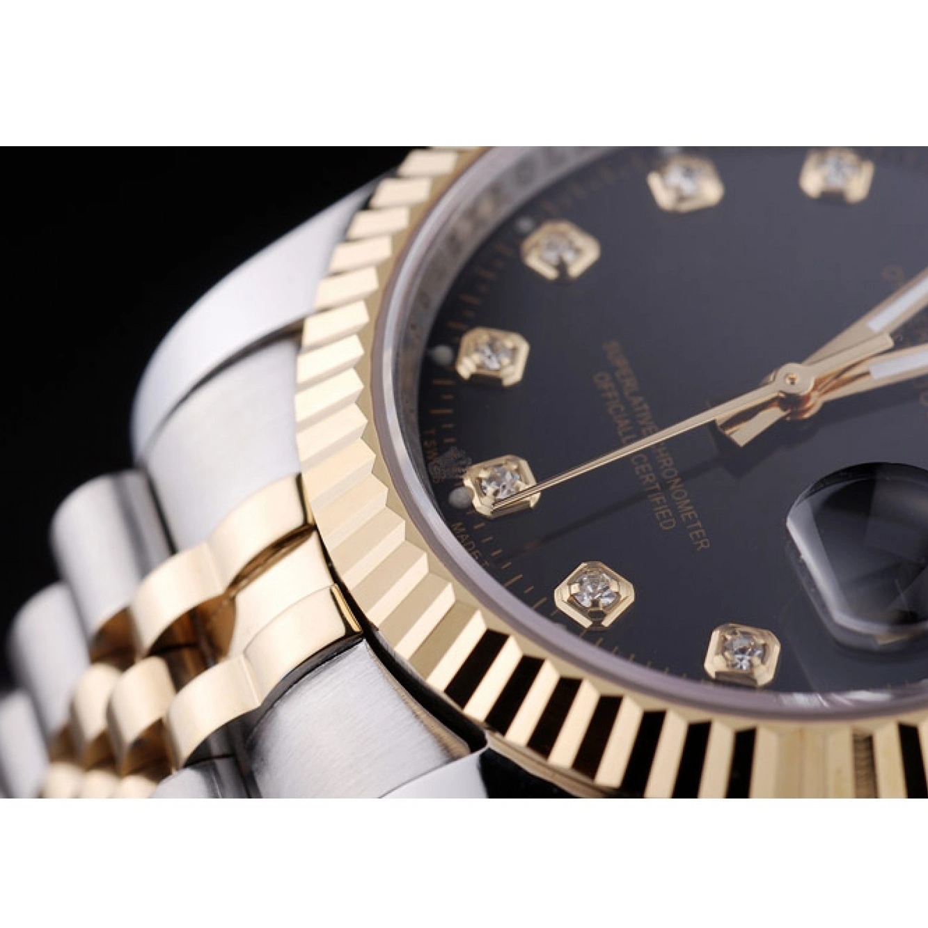 AAA Replica Watches Rolex Datejust Black Diamonds Dial Bezel Ribbed 7453 1013